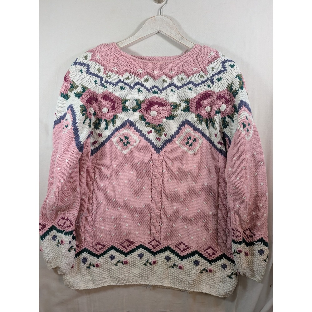 Vintage Lady Footlocker Pink Floral Knit Sweater Cotton Cottagecore Large